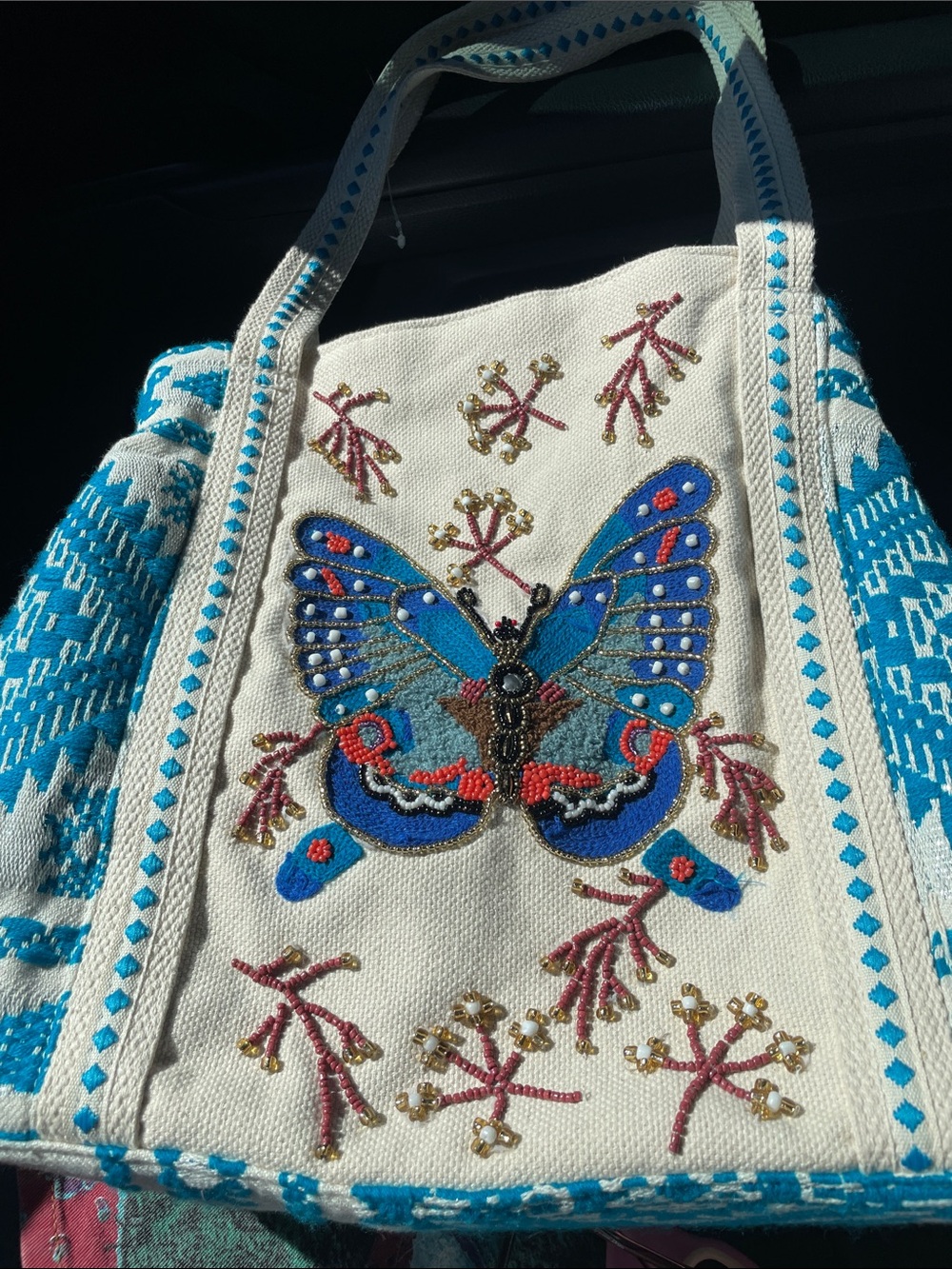 Urban Expressions Cream Tote with Blue Embroidered Butterfly